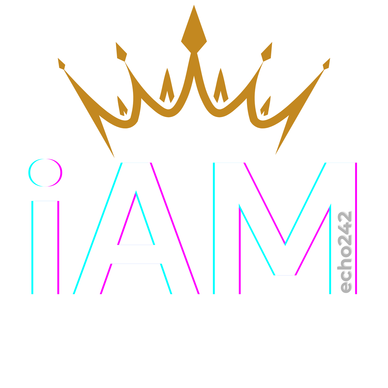 The image features the word 'iAM' in large, white letters with a neon-like outline on a black background. Above the text is a stylized gold crown. There is also a small gray text 'ech0242' vertically aligned next to the letter 'M'.
