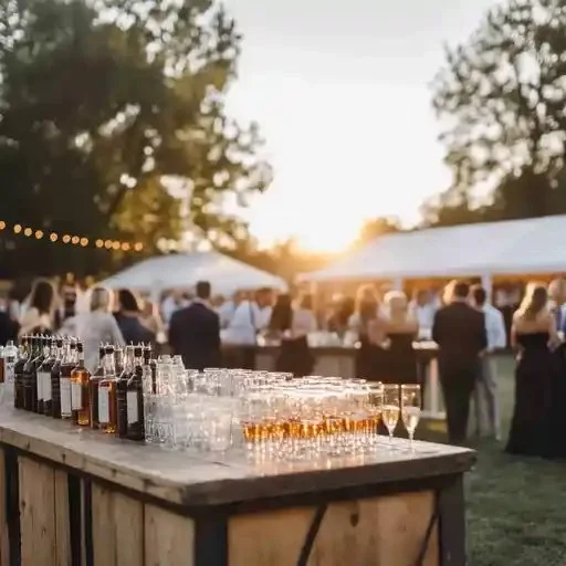 Outdoor event with a well-stocked non-alcoholic bar table in foreground, glasses filled with non-alcoholic bubbly - ready for toasting - and guests gathered under tents during sunset.