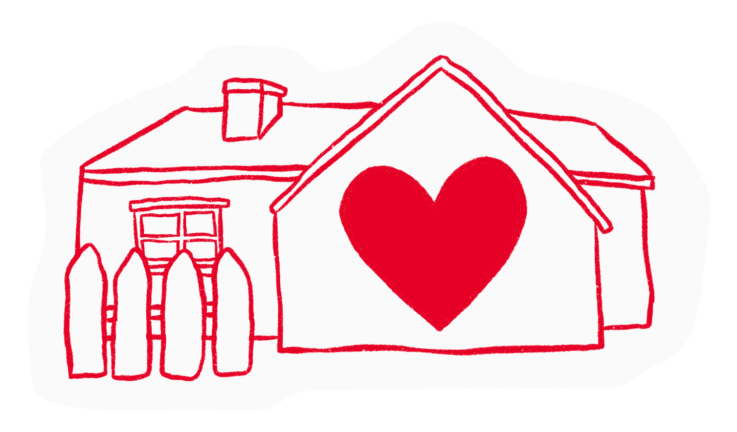 A simple line drawing of a house with a large red heart on the side, surrounded by a white cloud-like shape.