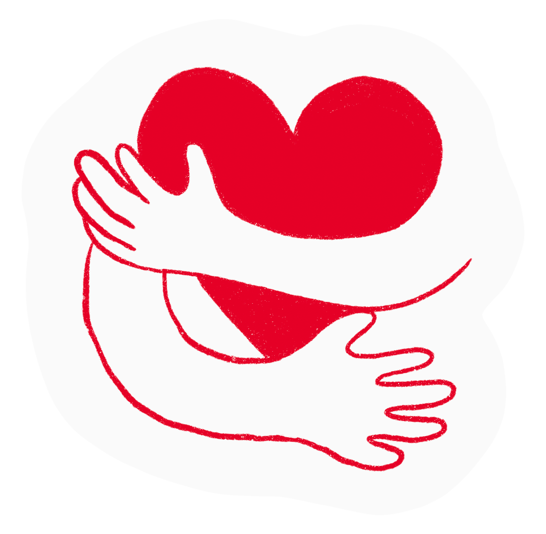 Line drawing of two hands hugging a large red heart, representing love and care.