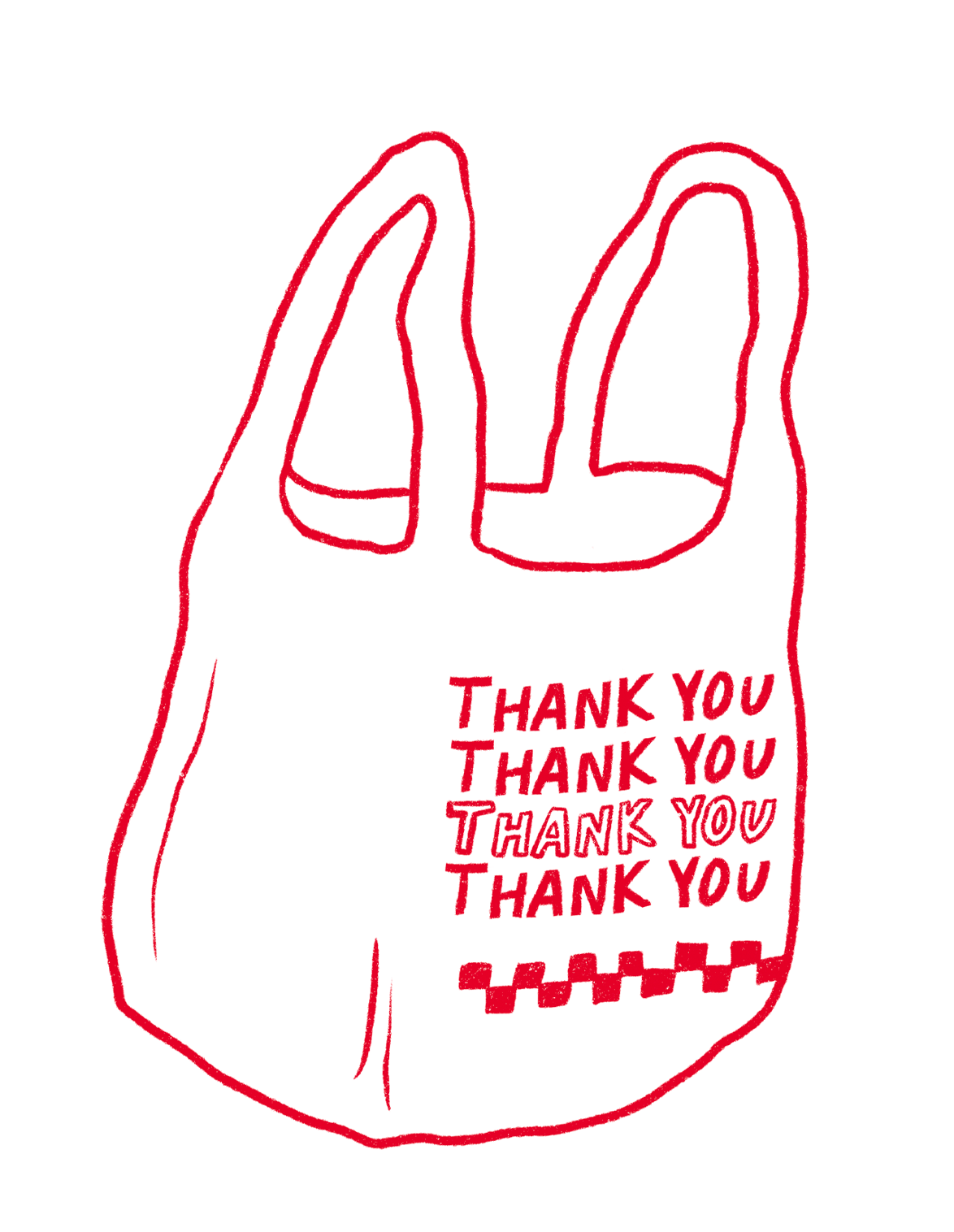 White hand with red outlines forming a bubble tea cup illustration, with the words 'Thank you' repeated five times in red and a red checkerboard pattern at the bottom.