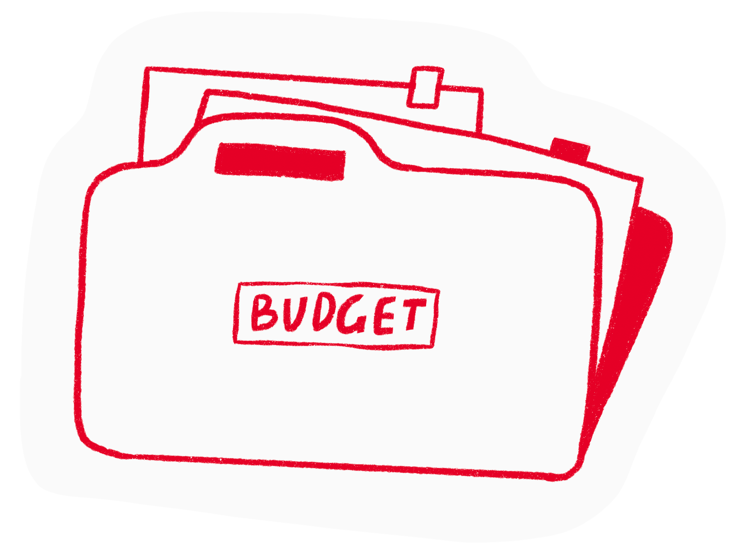 Line drawing of a clipboard with papers, one labeled 'Budget' in red.