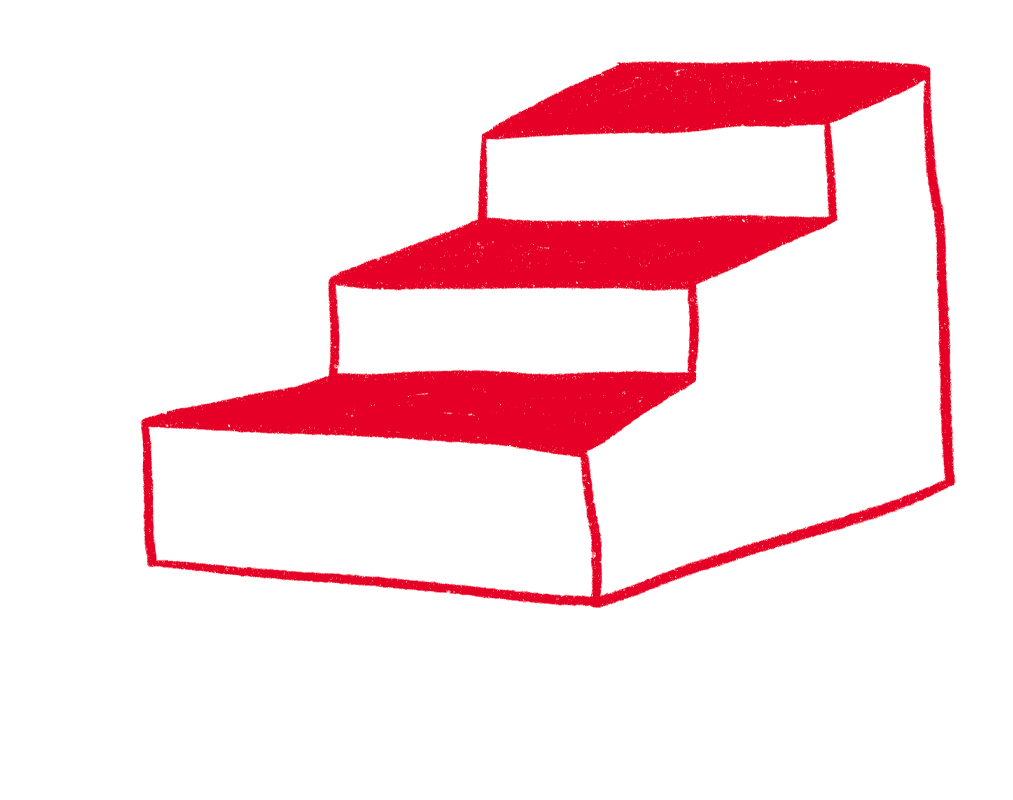 Red and white illustrated set of stairs with three steps, outlined in red with white fill.
