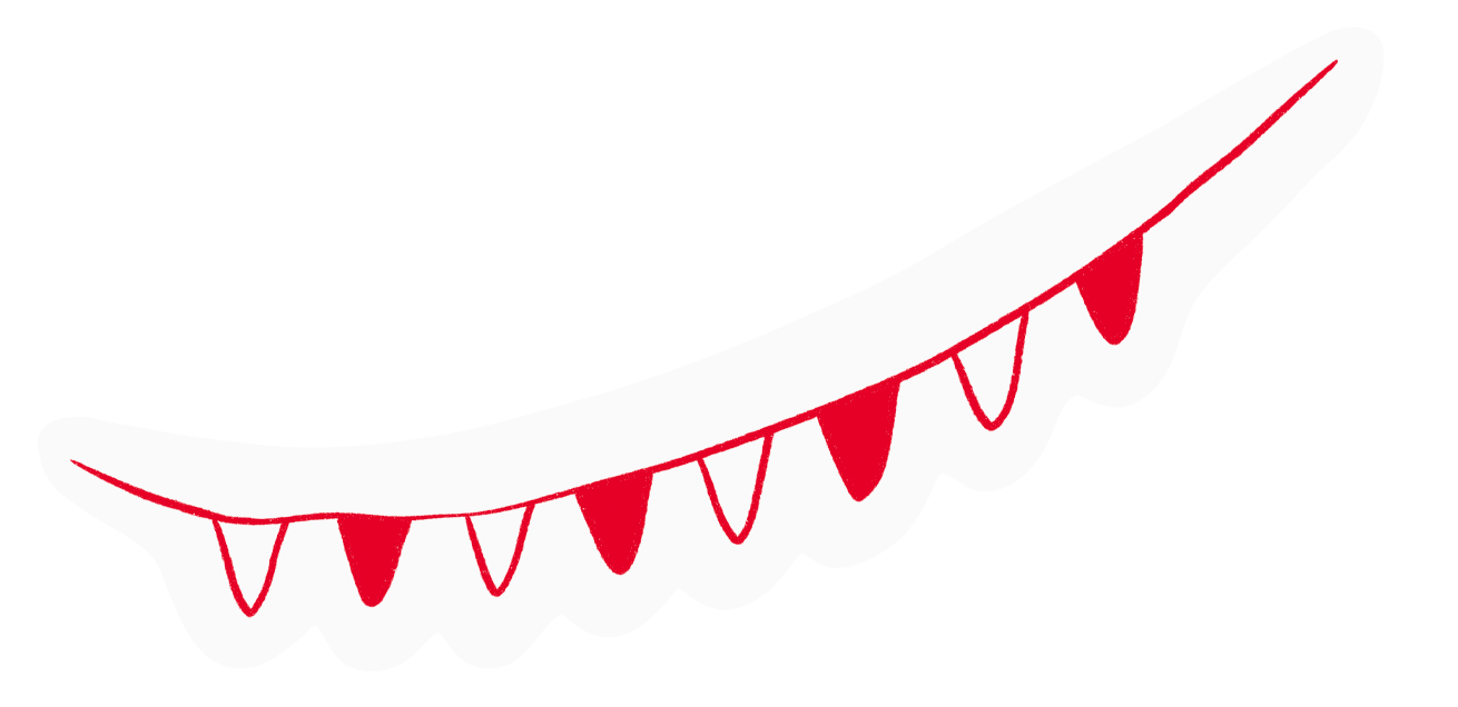A cartoon depiction of a mouth with sharp, jagged teeth and red gums.