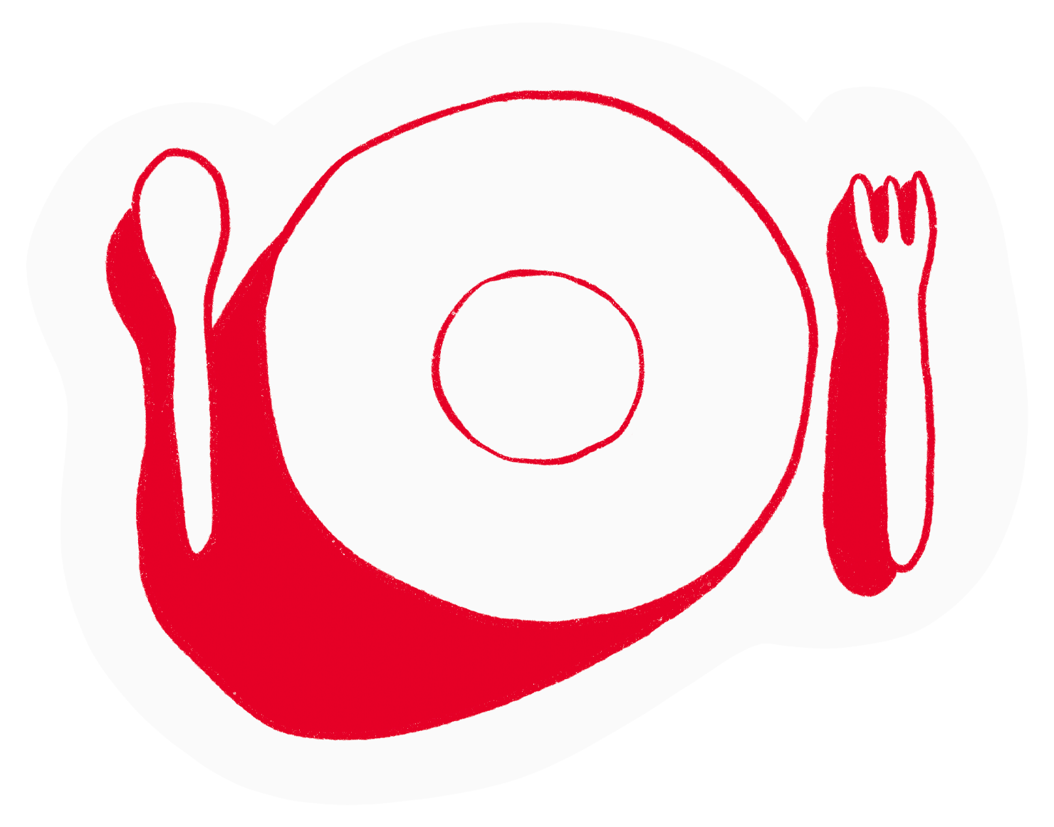 Illustration of a plate with a boiled egg, a fork on the right, and a spoon on the left, all depicted with minimalistic red and white lines.