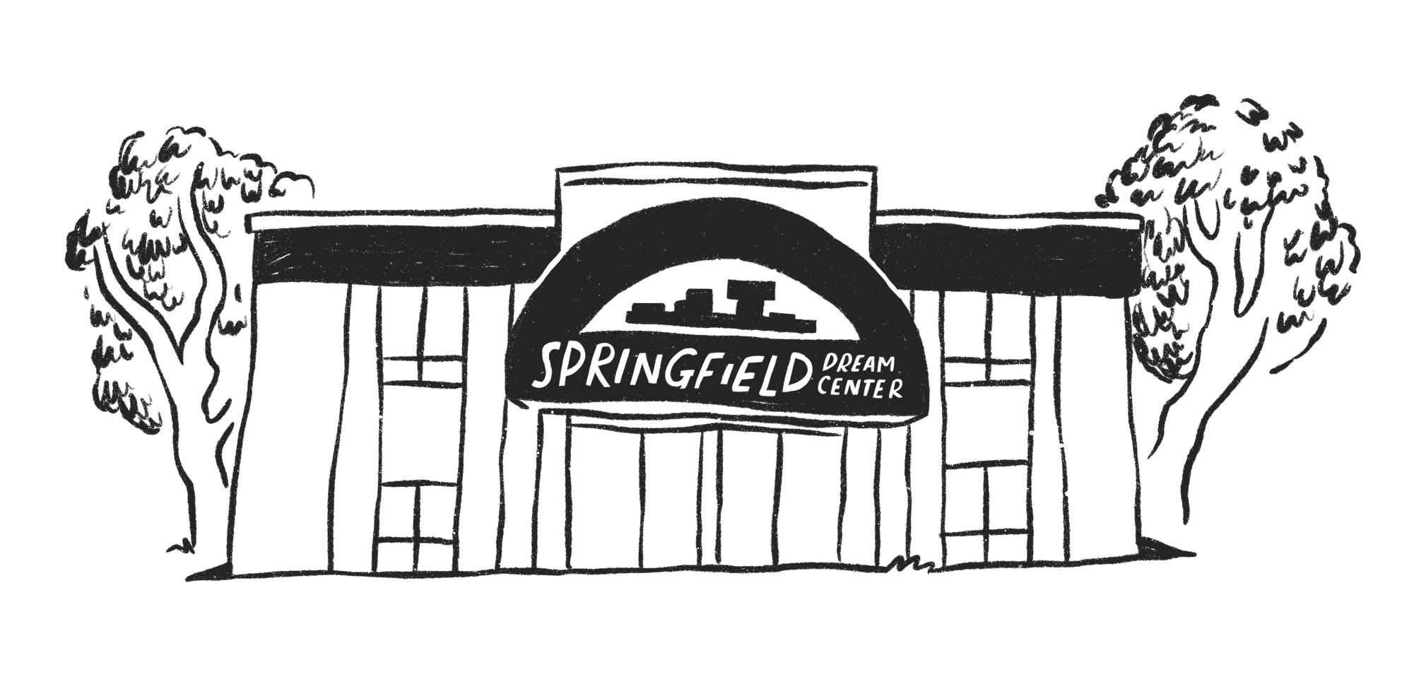 Line drawing of the Springfield Deen Center building with trees on each side.