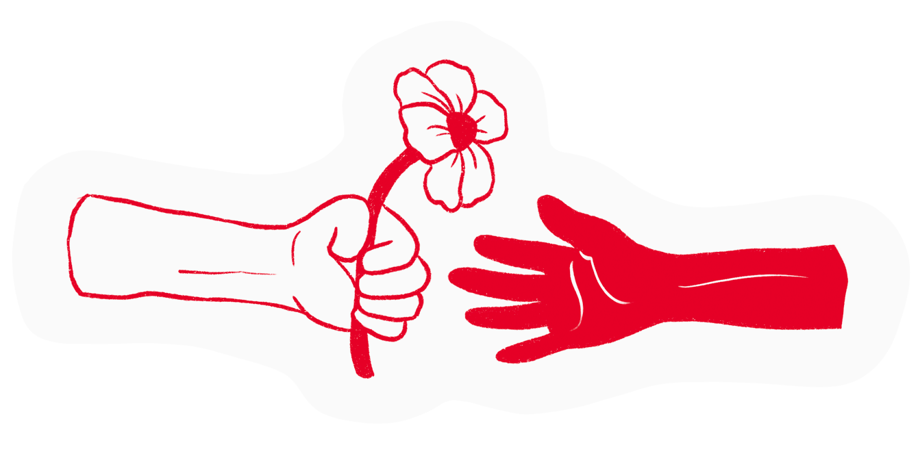 Drawing of two hands, one holding a flower and the other reaching out, with red and black colors.