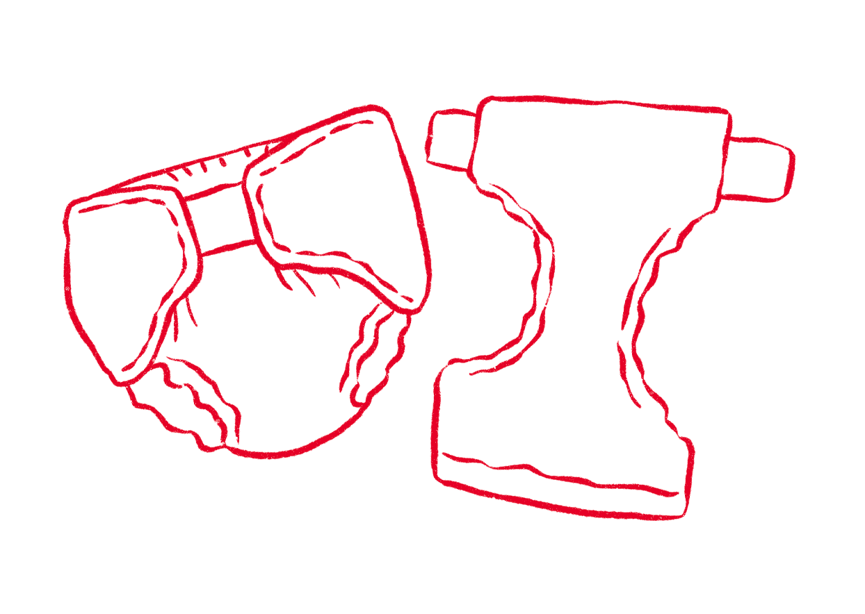 Red and white line drawing of a conceptual representation of cells, with irregular shapes and internal structures, on a black background.