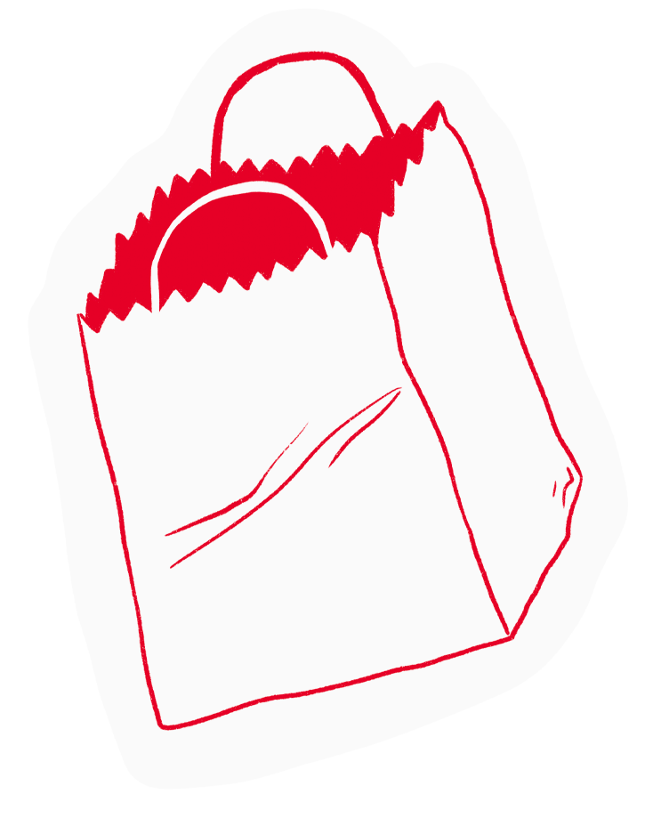 Drawing of a shopping bag with a wavy top edge.