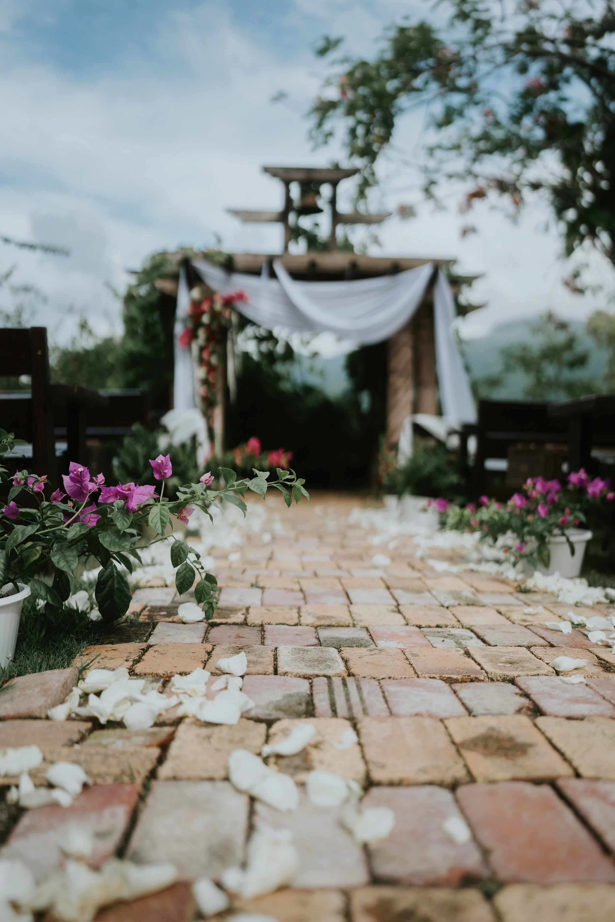 A brick pathway leading to a wedding arch decorated with white fabric and pink flowers, with pink and white flower pots along the sides, under a cloudy sky with trees in the background.