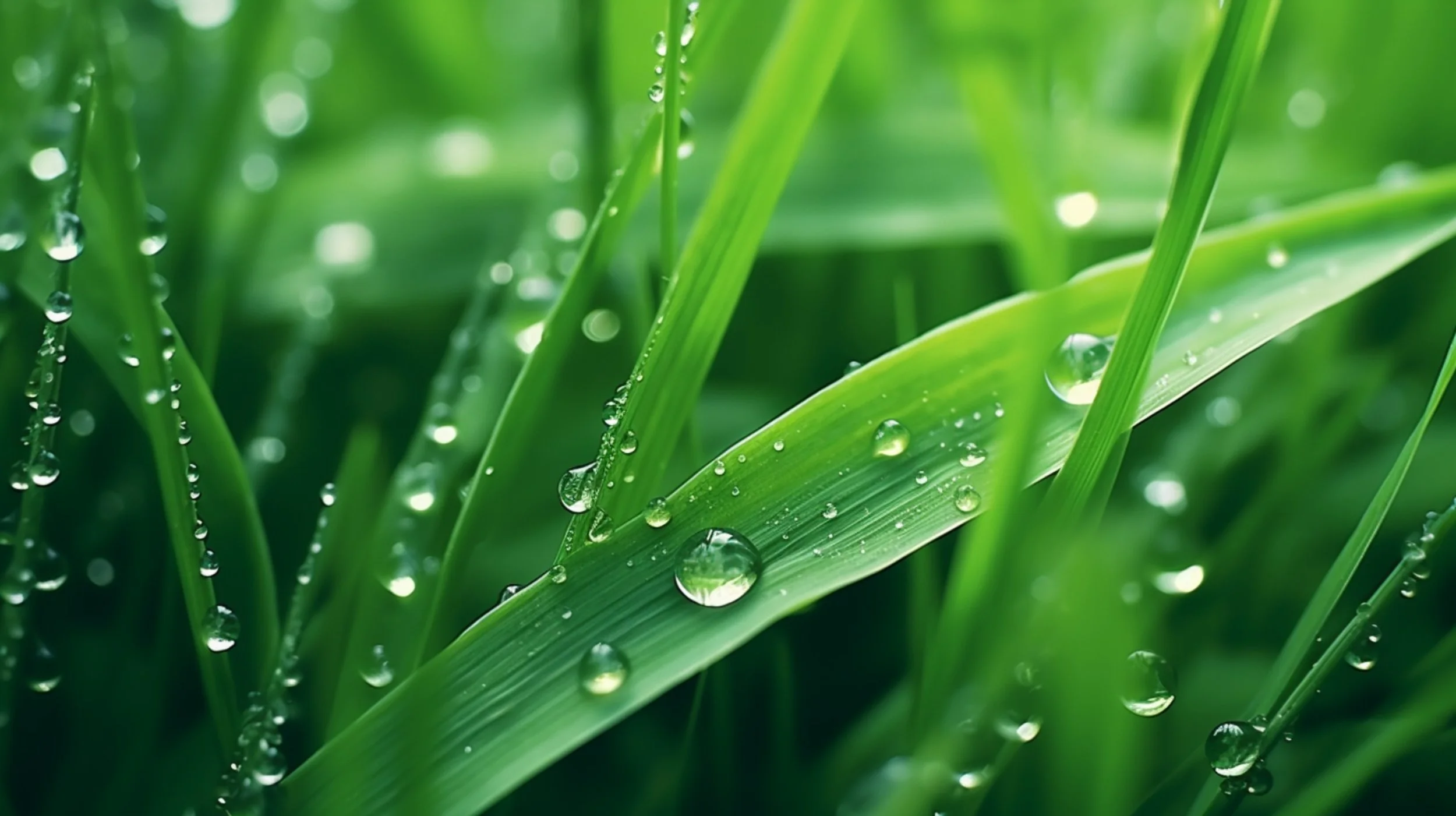 Close-up of green grass blades with water droplets on them.
