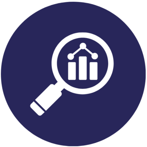 Magnifying glass with bar chart and line graph inside.