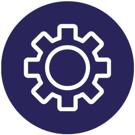 Icon of a gear or cogwheel on a dark blue circular background.