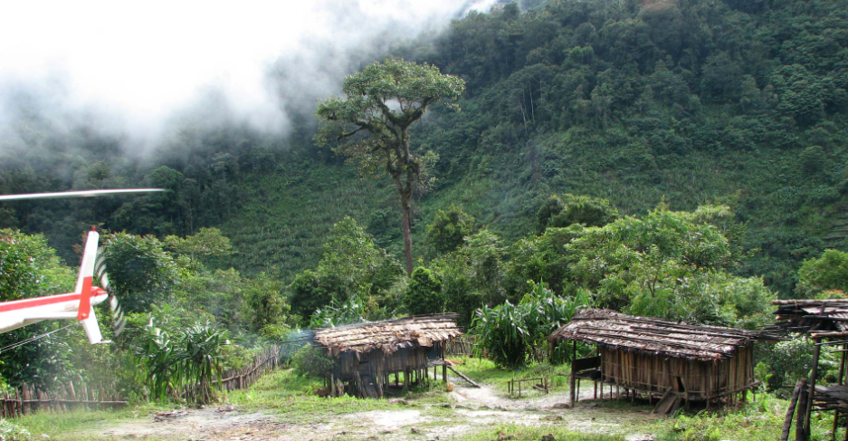 A rural village surrounded by lush green forest with two small huts and a helicopter in the sky.