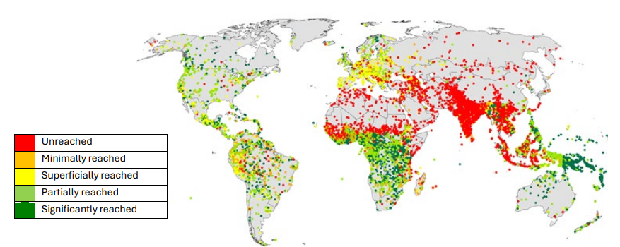 World map showing levels of outreach with color-coded dots: red for unreachable, yellow for minimally reached, light green for superly reached, dark green for significantly reached, and gray for no data.