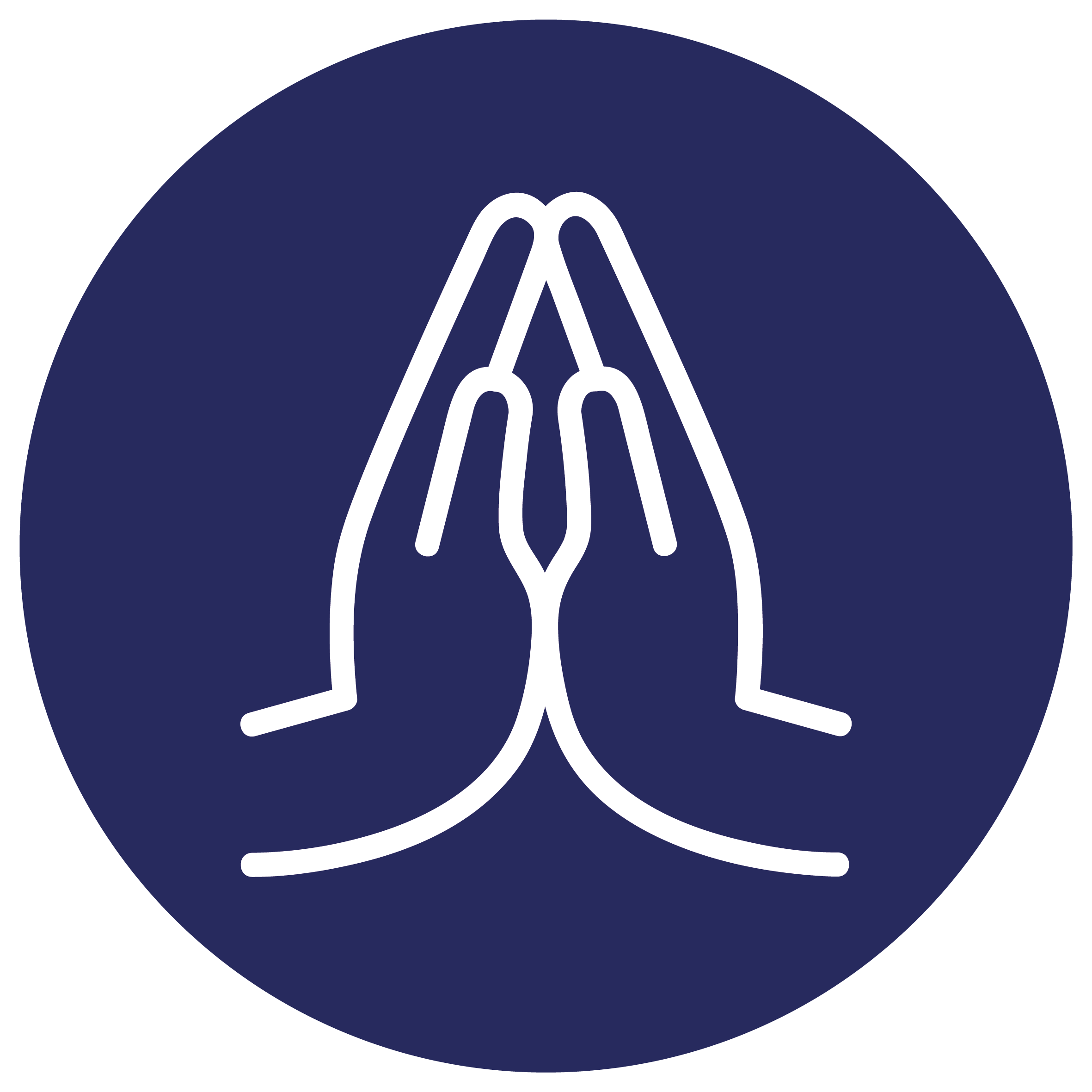 Stylized logo with white outline of praying hands on navy blue circular background.
