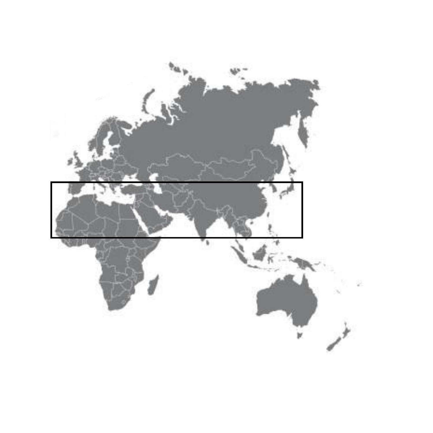 Map of the world with a focus on the Middle East region highlighted with a black rectangle.
