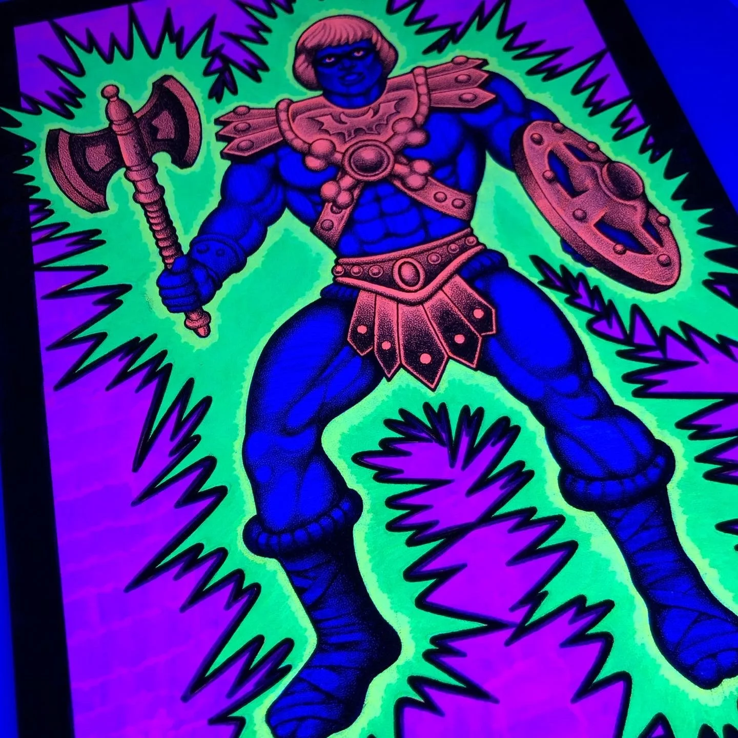 Faker - Highlighter and color pencil on paper under blacklight.