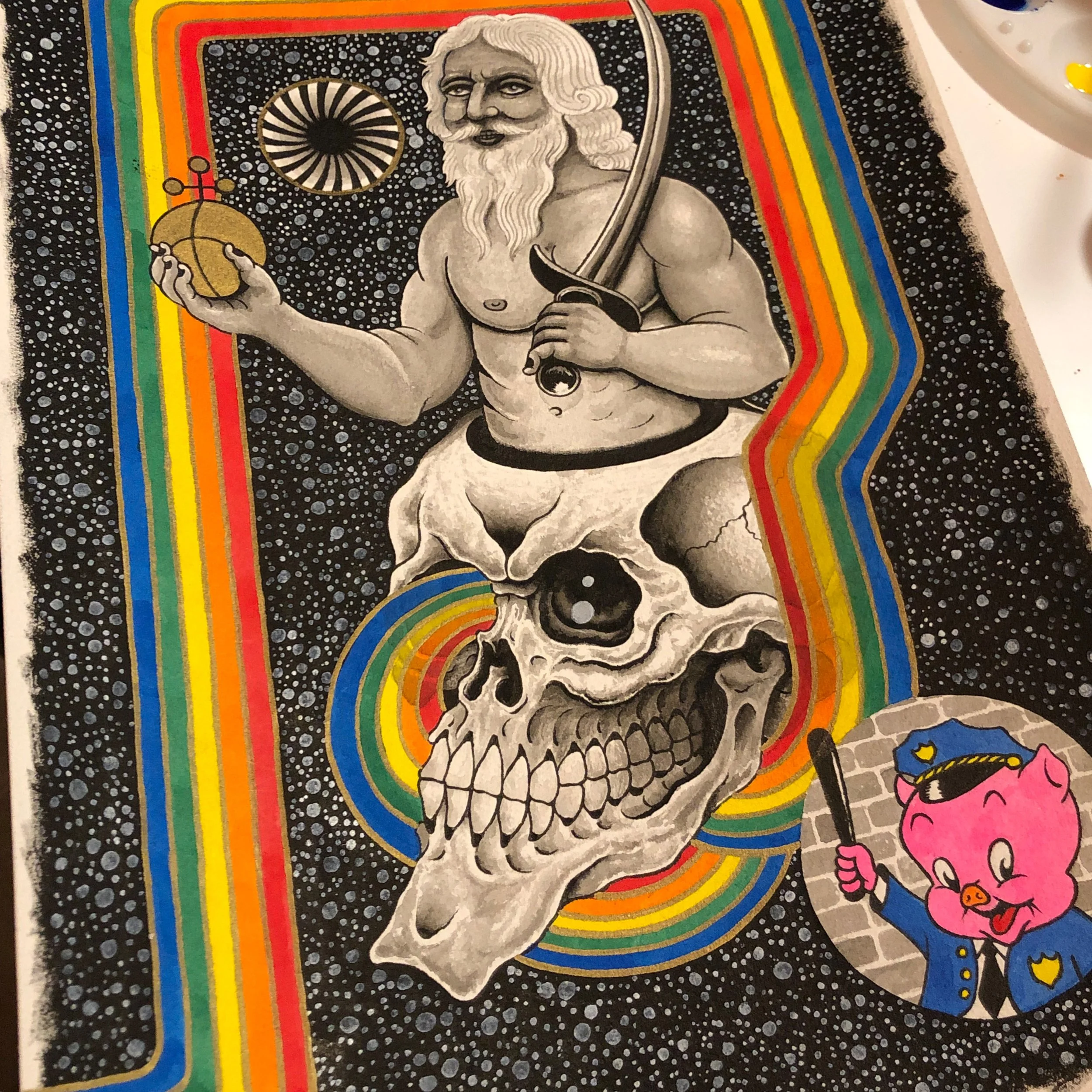 Saturn Pig - Acrylic and ink on paper.
