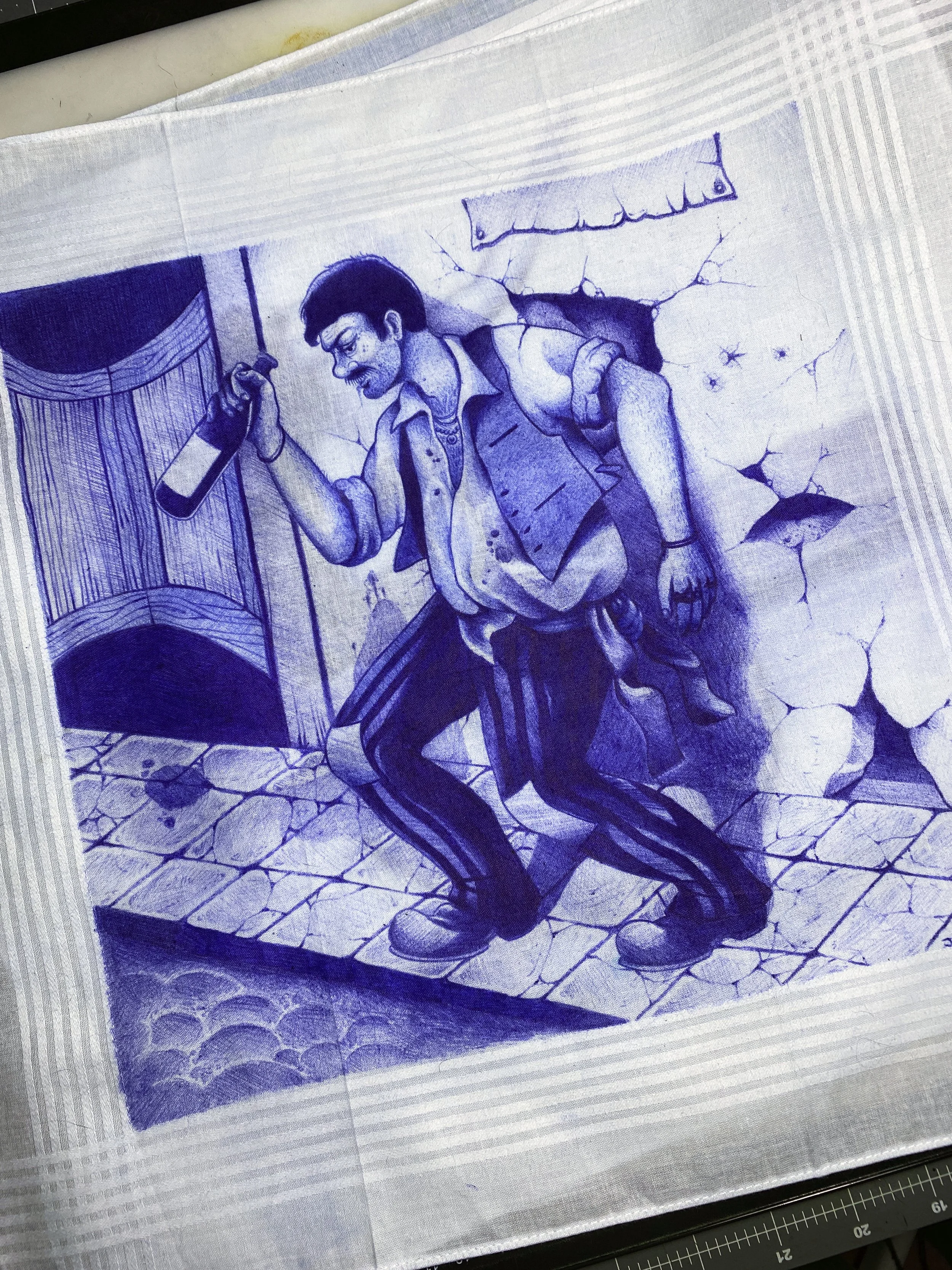 Borracho - Ballpoint pen on handkerchief.
