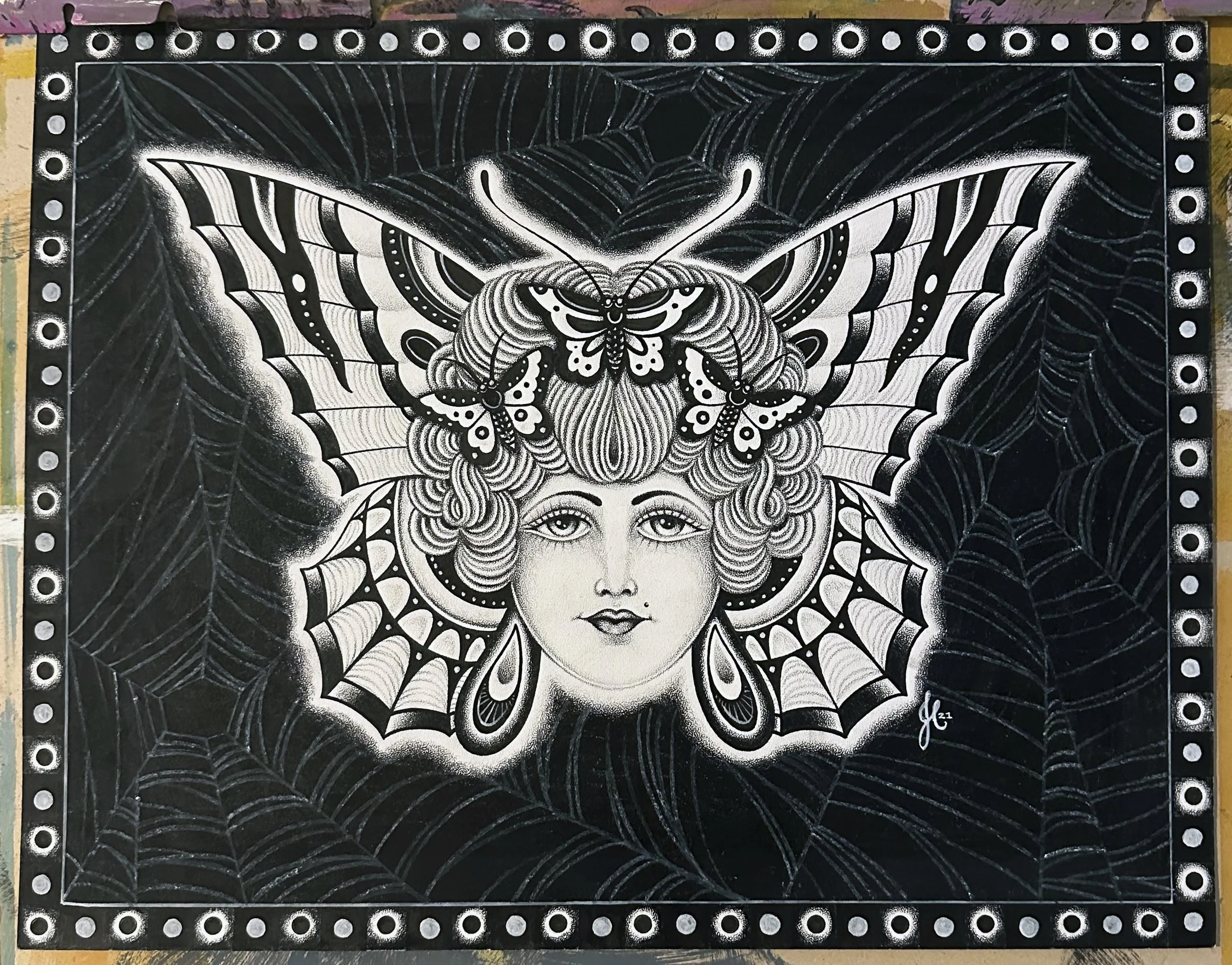 Butterfly Lady - Color pencil and ink on paper.