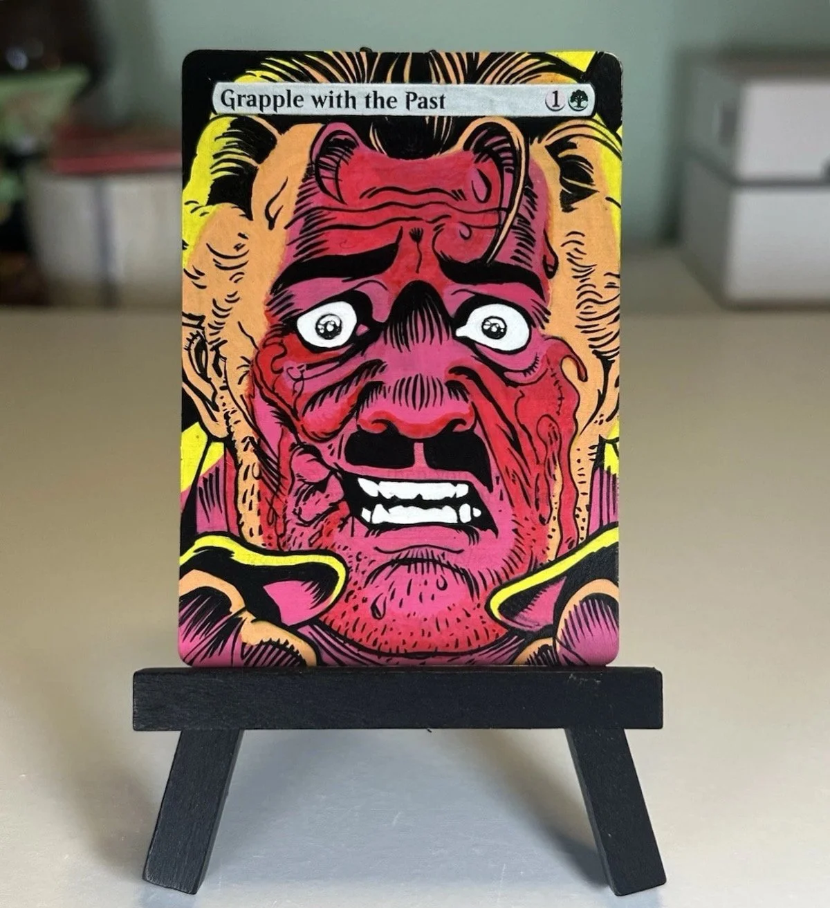 Grapple with the Past - Recreation of Dave Gibbon's The Comedian handprinted on MTG card.