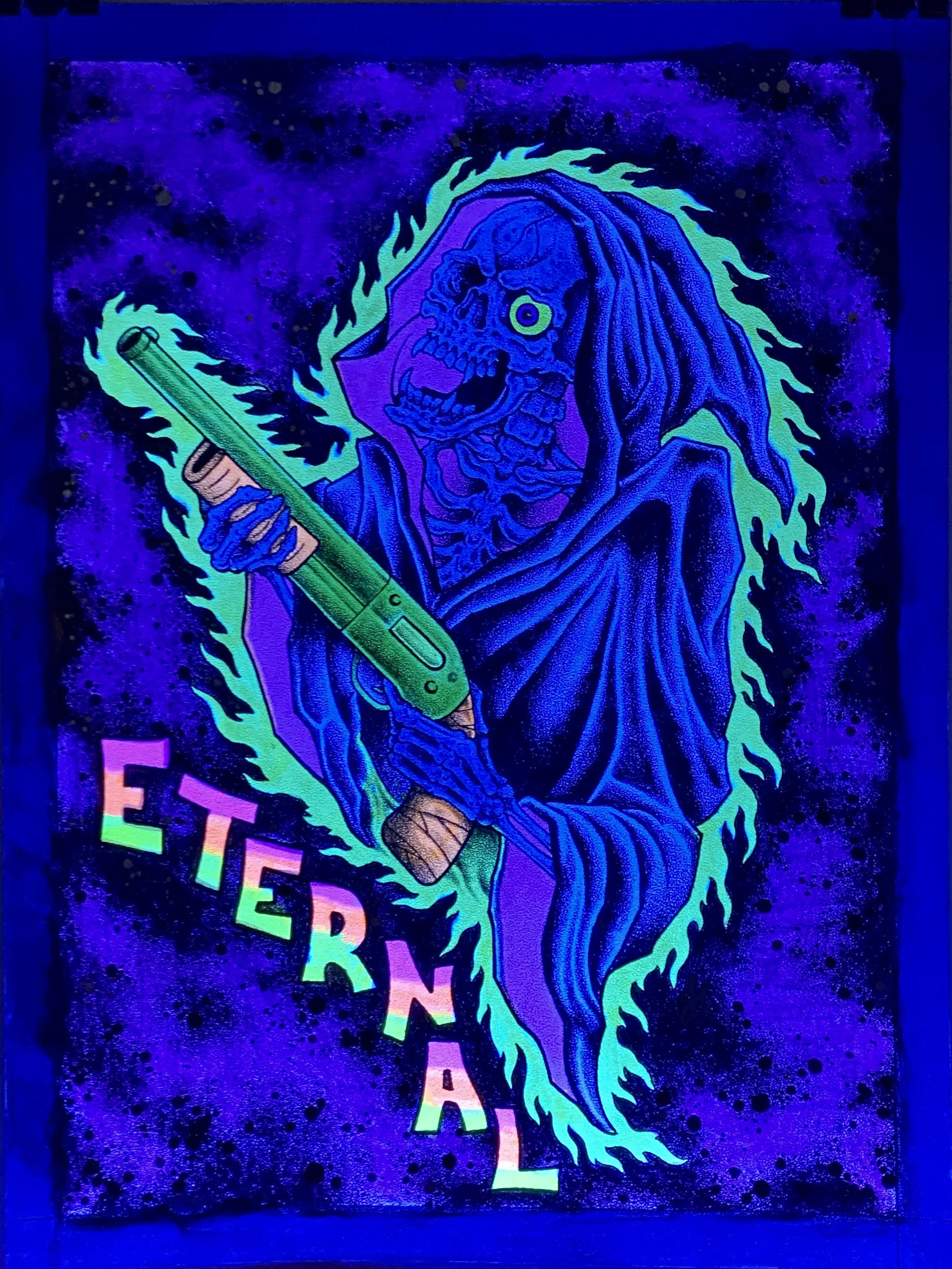 Eternal - Highlighter and color pencil on paper under blacklight. 