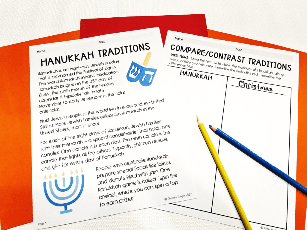Hanukkah Traditions article and Compare/Contrast Traditions Activity included in the Hanukkah Lesson by Globally Taught