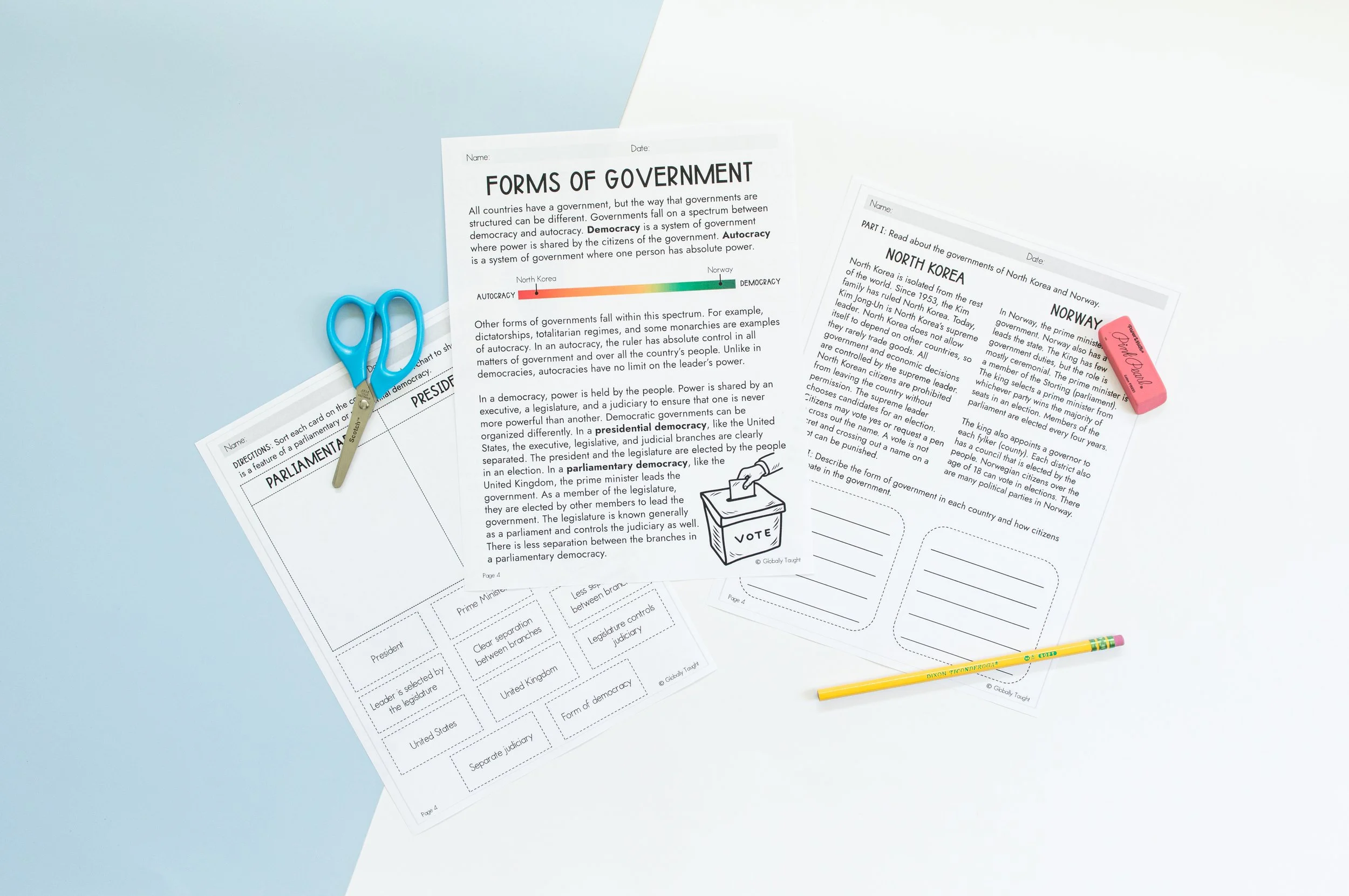 Educational worksheets  from Globally Taught's Government Unit for Kids about types of governments, with a pair of blue scissors, a yellow pencil, and an eraser on a white and light blue background.