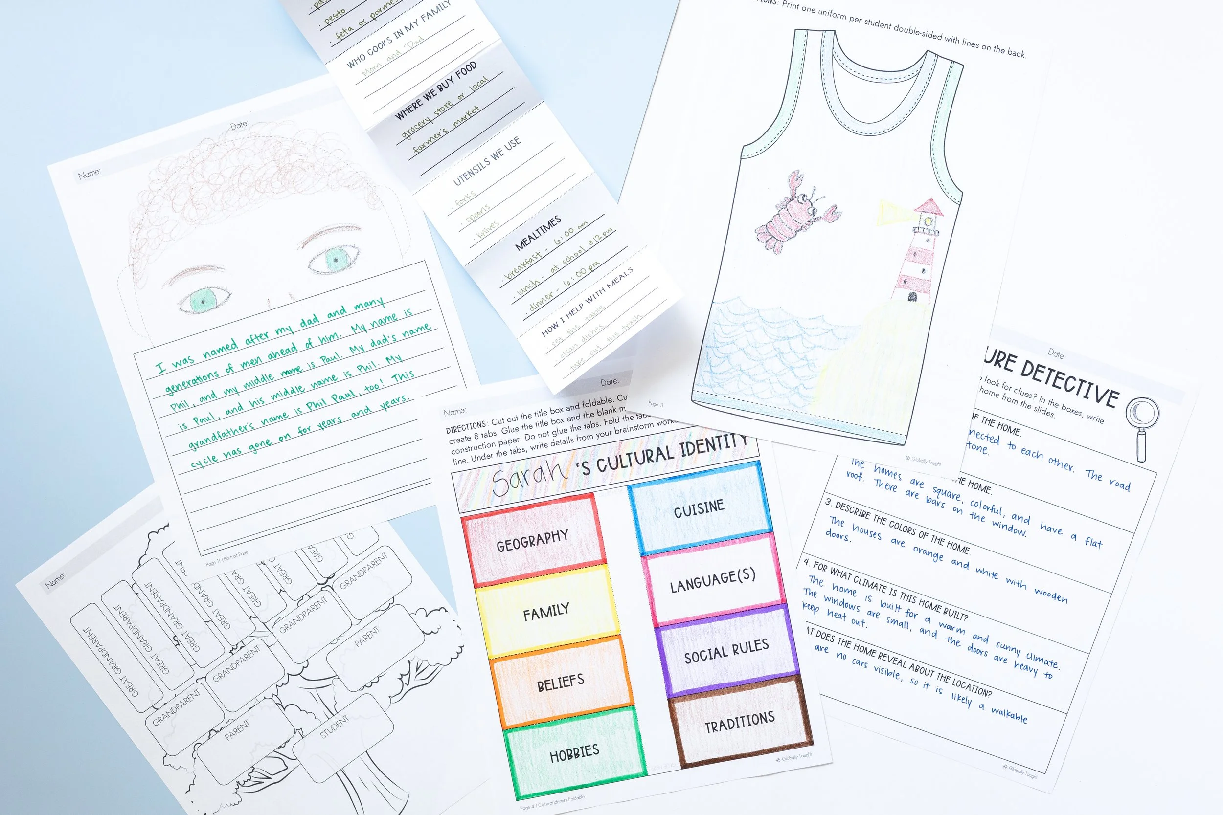 Educational worksheets from Globally Taught's Cultural Identity Unit, including a colorful diagram of cultural identity categories and a 'Story of my Name' project for kids.