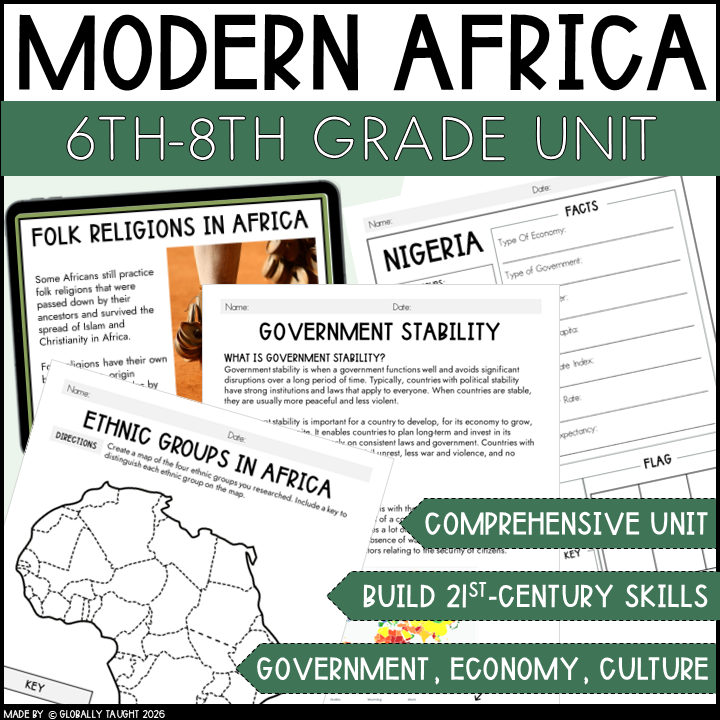 Modern Africa Unit | Culture, Government, Economy & Society | 6th-8th Grade
