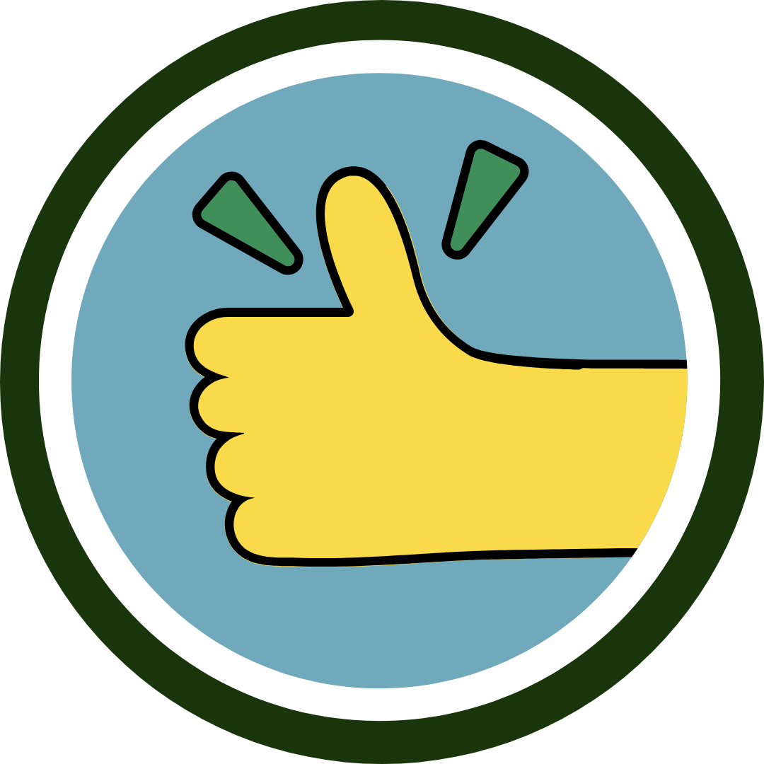 A yellow hand giving a thumbs-up gesture with two green exclamation marks or sound lines indicating approval or success.