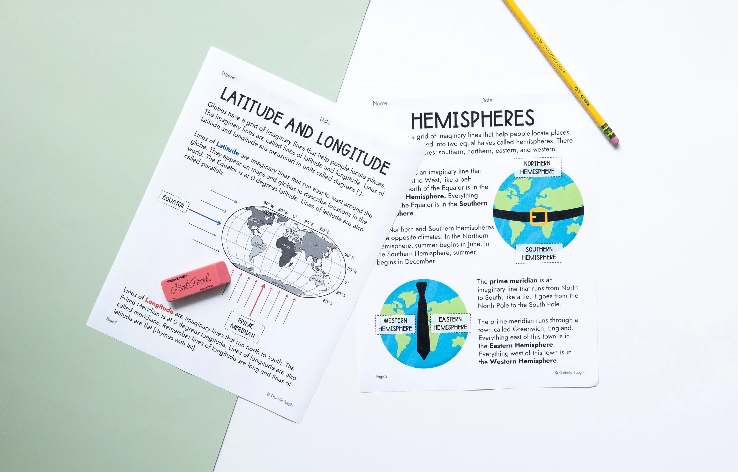 Educational worksheets from Globally Taught's World Geography Unit about latitude and longitude and hemispheres, with a yellow pencil and pink eraser on a white and pale green background.