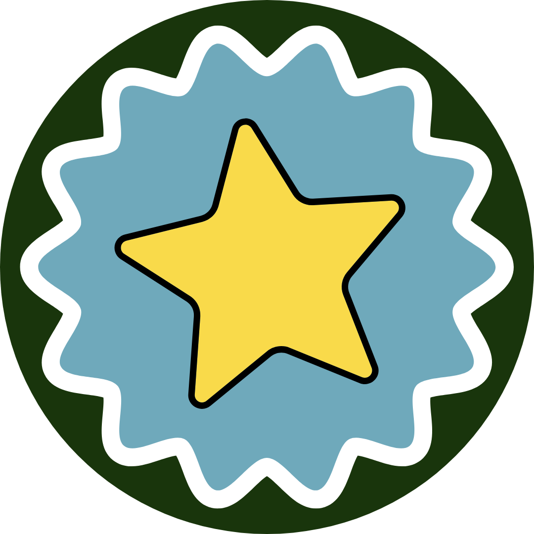 A yellow star inside a blue starburst shape with a white outline, all on a dark green circular background.