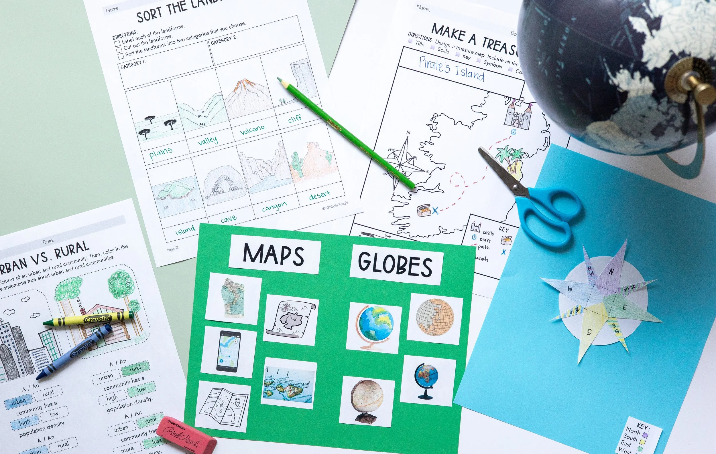 Educational materials from Globally Taught's World Geography Unit about maps & geography, including worksheets on landforms, a treasure map activity, a printout comparing urban and rural areas, & a colorful maps and globes sorting activity.