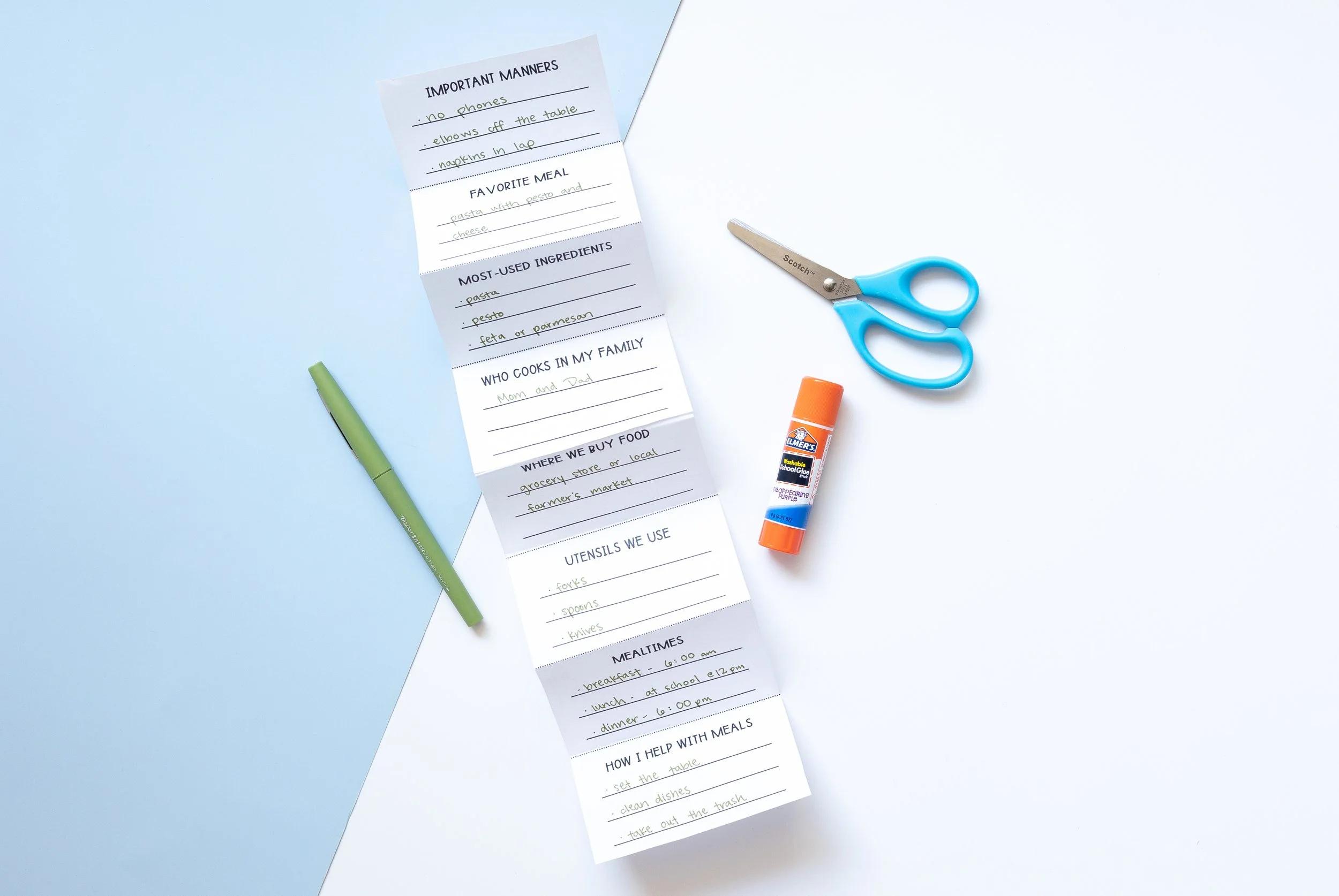A project from Globally Taught's Cultural Identity Unit about food and food manners in your country outlining household rules, meal plans, grocery shopping, and meal preparation, along with a glue stick on a white background.