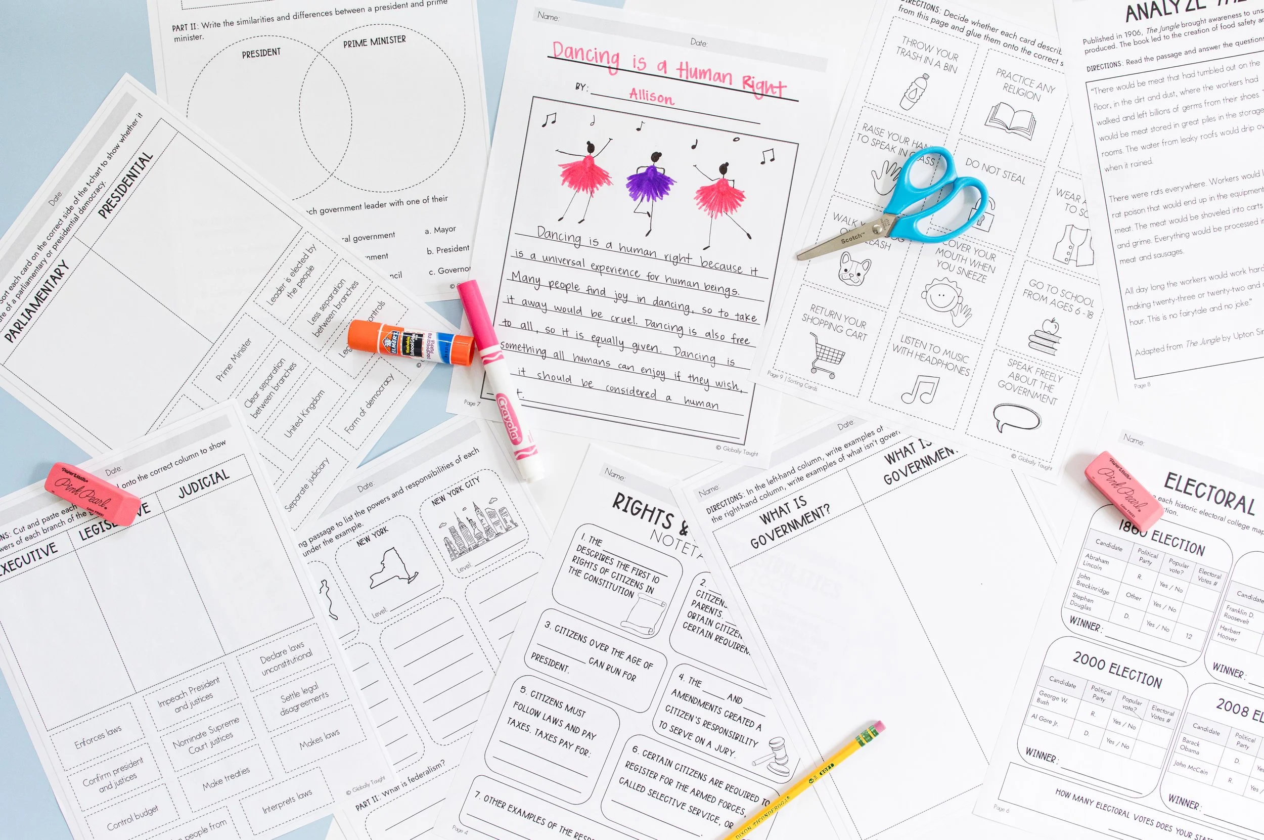 Educational worksheets from Globally Taught's Government Unit for Kids about government, rights, and the legislative process, alongside school supplies such as scissors, glue stick, markers, pencil, and sticky notes.