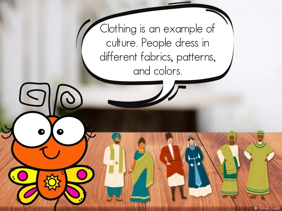 Sample Slide from Globally Taught's Culture Slides showing how clothing is an example of what is culture