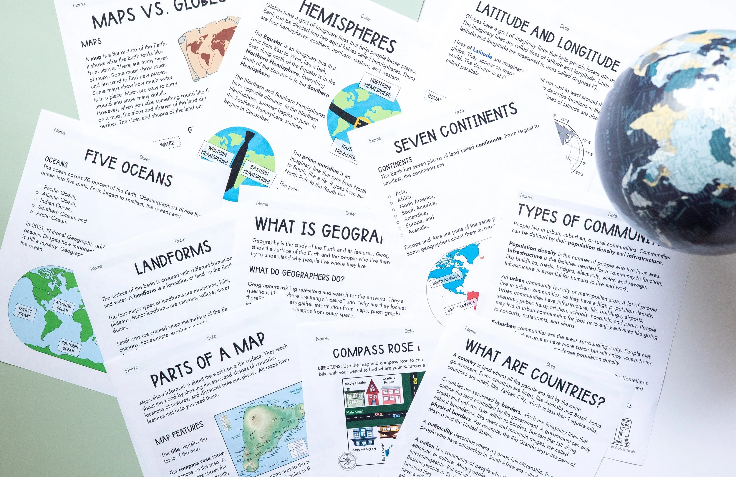 Collection of educational sheets from Globally Taught's World Geography Unit, including topics like maps, continents, hemispheres, landforms, oceans, and types of communities, with illustrations and diagrams.
