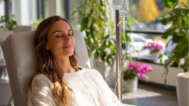 A serene woman in a bright room, peacefully receiving IV hydration therapy, surrounded by lush plants and natural light..png