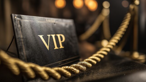 A VIP pass or ticket placed behind a gold rope barrier at an event or venue.