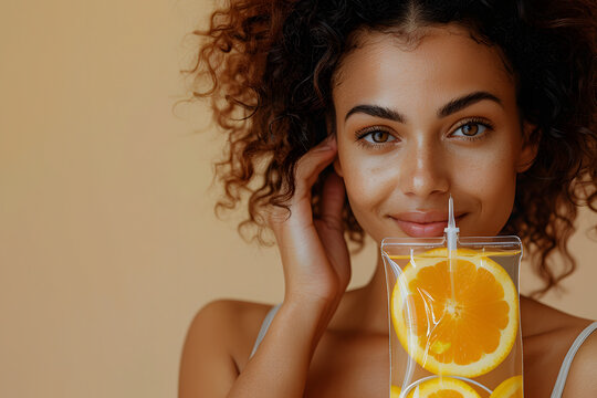 Beautiful young woman without makeup is smiling and holding an IV vitamin bag with orange slices against a beige background, promoting IV drip therapy.png