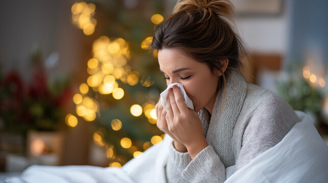 Faceless sick woman blowing nose while lying in bed defocused Christmas day background holiday illness festive season sickness winter cold during celebration with copy space.png