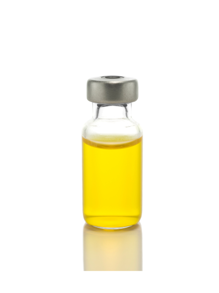 A small glass vial filled with yellow liquid, sealed with a gray metal cap against a white background.