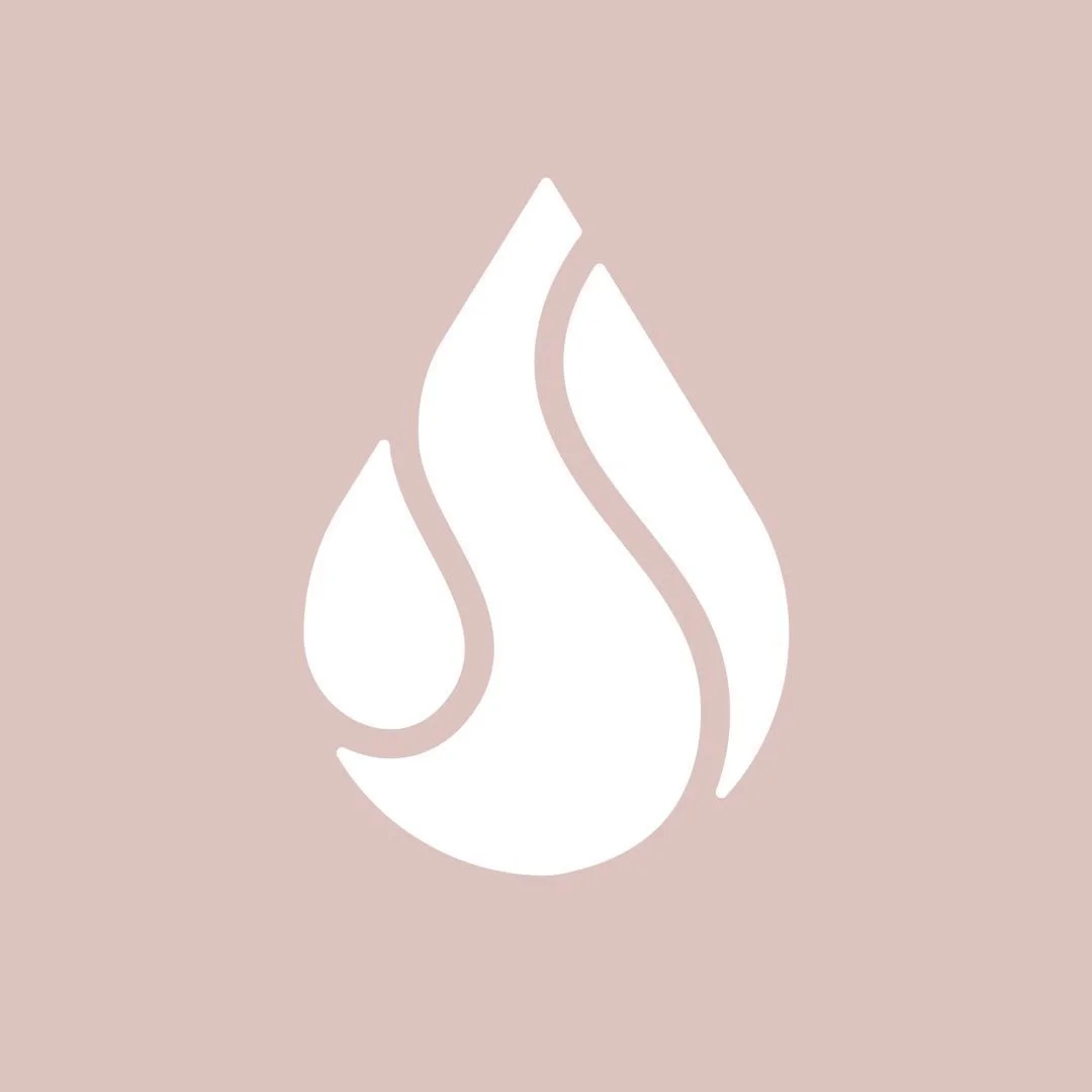 Simplified graphic of flames in white on a light pink background.