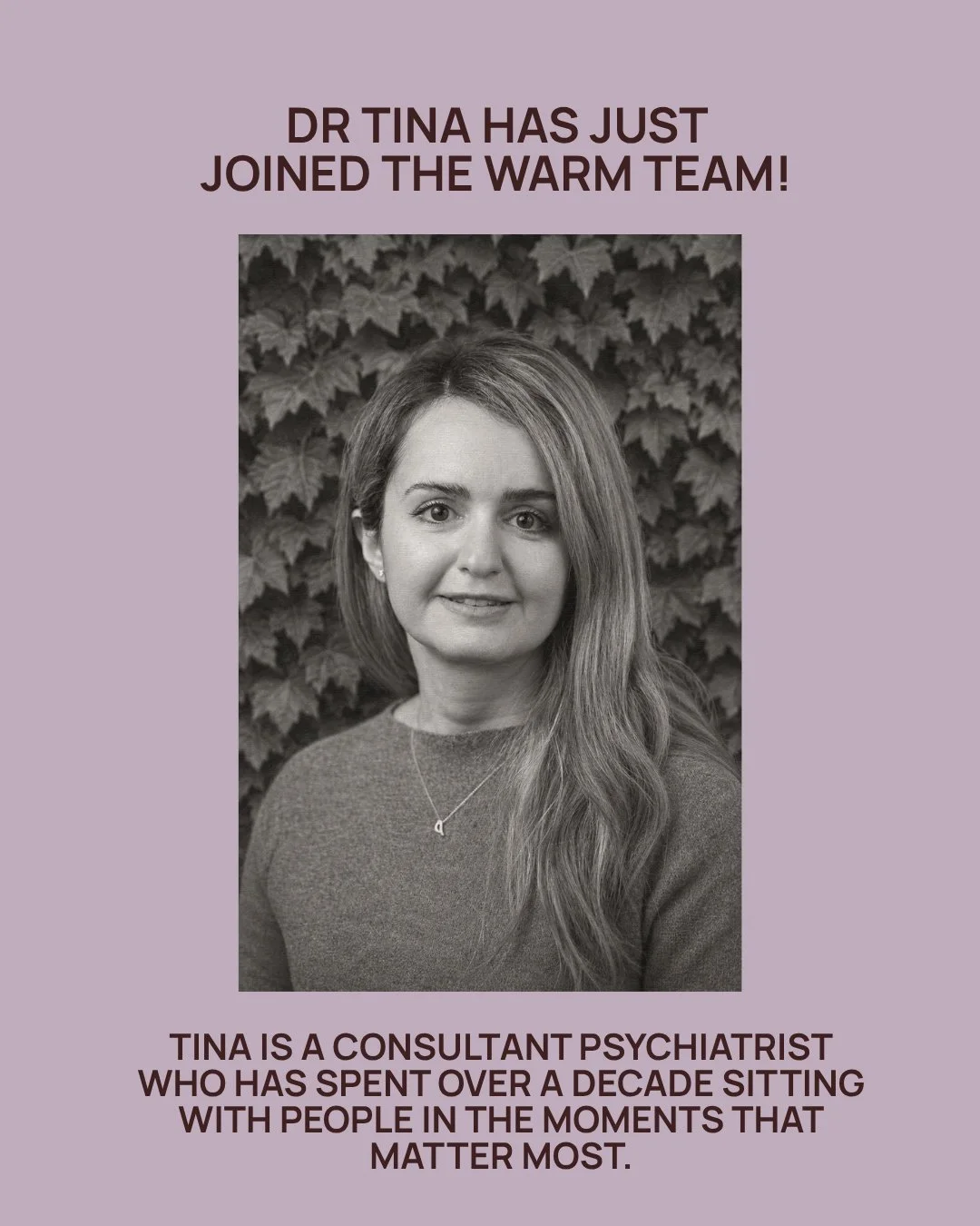 We're thrilled to welcome Dr Tina to the WARM team.

Tina is a consultant psychiatrist with over a decade of experience sitting with people through some of life's most tender moments. She brings deep expertise in perinatal mental health, grief, traum