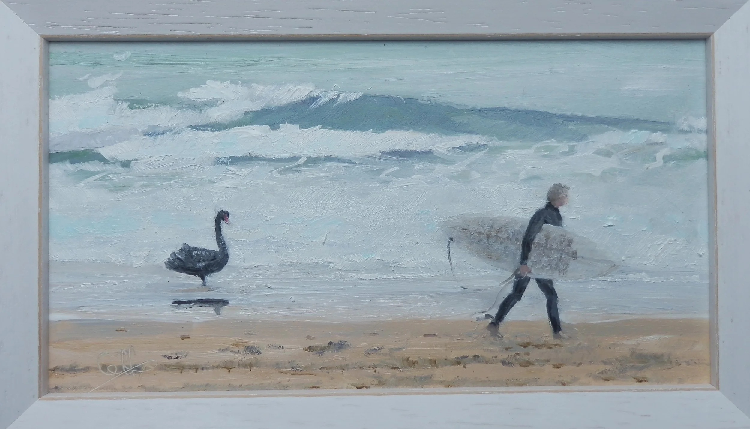 Black swan, beach visitor, oil, 9x5", $120
