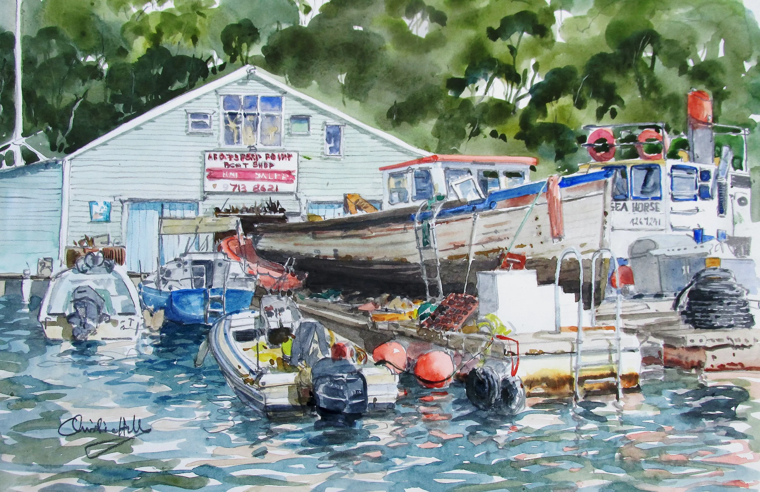 Abbotsford Point Boat Shed, Watercolour, 40x50cm framed, $400
