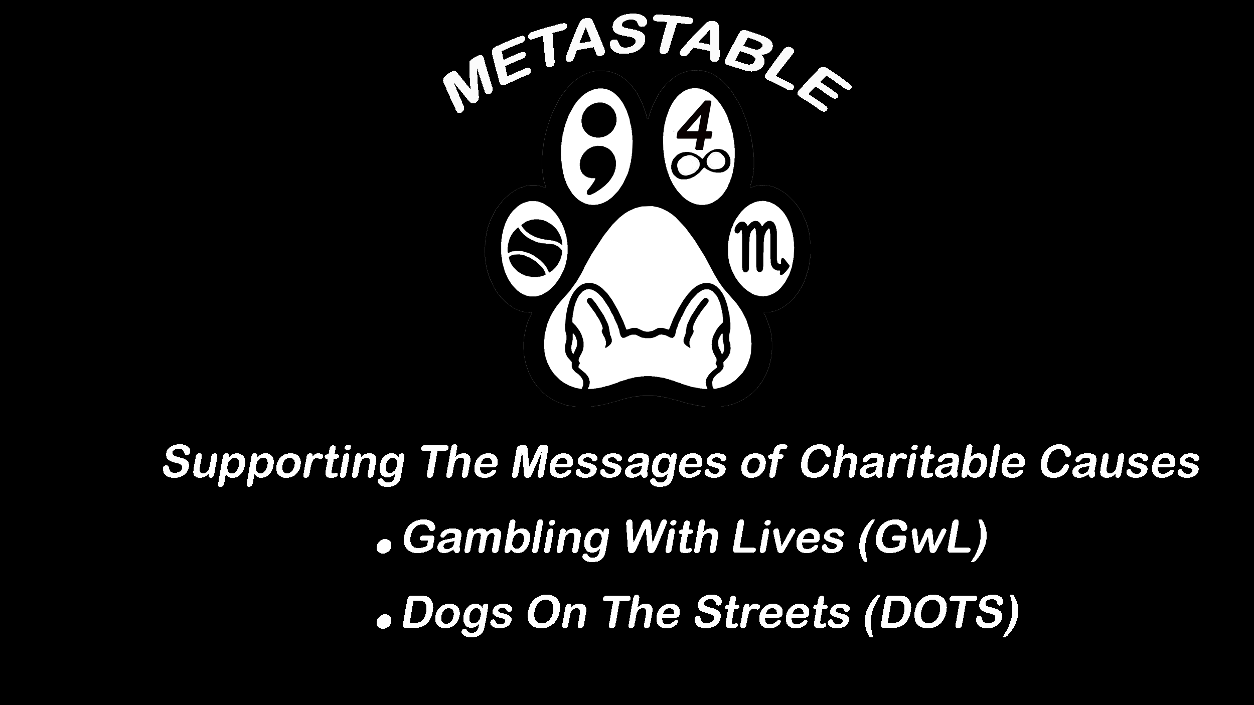 Black and white logo for a charity supporting messages of charitable causes, featuring a paw print with numbers and zodiac symbols, and text promoting awareness of gambling addiction, dogs on streets, and street strikes.