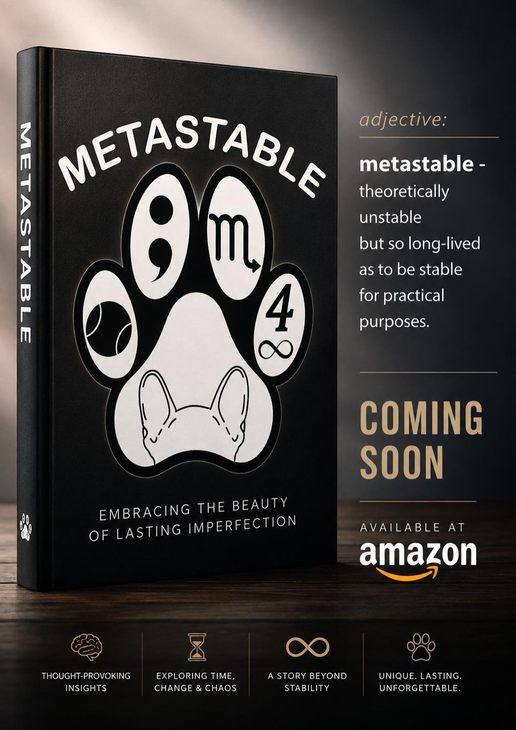 Book cover titled "Metastable" with a paw print graphic containing various symbols including a semicolon, an MRI scan image, a basketball, an infinity symbol, and a dog's head outline, with the subtitle "Embracing the beauty of lasting imperfection."